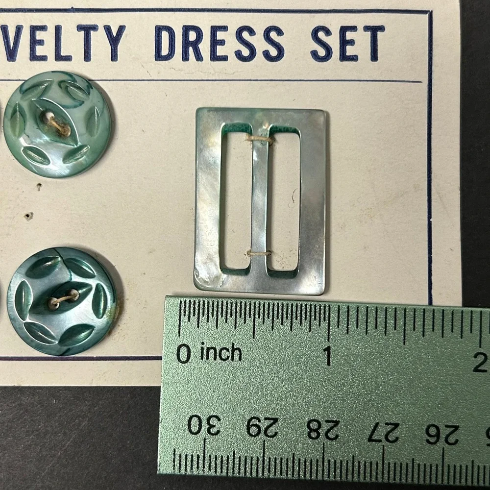 Vintage Novelty Dress Set Teal Shell Buttons and Buckle Set on Original Card